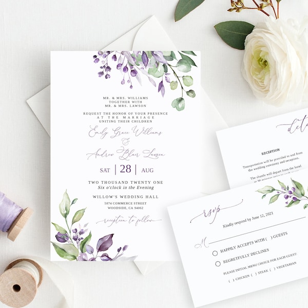 Purple and Green Wedding Invitation Template, Dasty Purple Wedding Invitation, Lavender Wedding Invitation, Templett, #B125