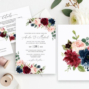 Burgundy Navy Wedding Invitation Template, Marsala Wedding Invitation, Editable Template, Navy Wedding Invitation, Templett, #B80