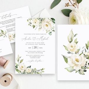 White Floral Wedding Invitation Suite, White Flowers, Elegant Wedding Invitation Template, Garden Wedding Invite, Templett, #B36
