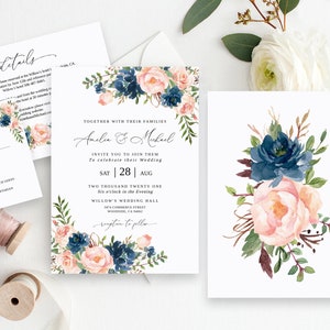 Blush and Navy Wedding Invitation, Editable Template, Printable Wedding Invitation Suite, Navy and Blush Wedding Invitation, Templett, #B68