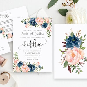 Blush and Navy Wedding Invitation, Editable Template, Printable Wedding Invitation Suite, Navy and Blush Wedding Invitation, Templett, #B30