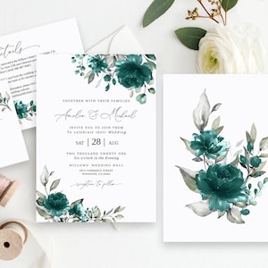 Teal Wedding Invitation Template, Teal and Gray Wedding Invitation, Editable Template, Floral Teal Wedding Invitation, Templett, #B38