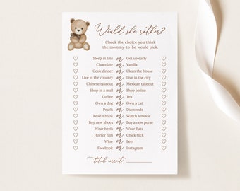 Bear Baby Shower Game, Would She Rather, Gender Neutral (Editable Template)