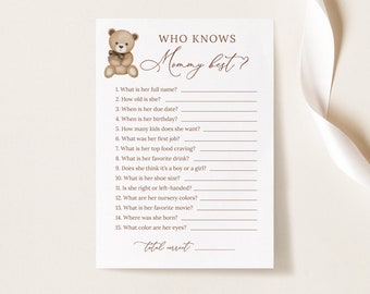 Who Knows Mommy Best Game, How Well Do You Know Mommy Game, Minimalist Baby Shower Game, Teddy Bear Baby Shower Games, Gender Neutral, B212