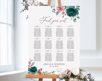 Teal Pink Seating Chart Template, Pink Teal Wedding Seating Chart, Wedding Seating Board, Seating Plan, Templett, #B142