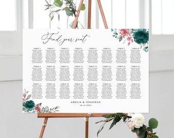 Teal Pink Wedding Seating Chart Template, Up to 24 Tables Seating Chart,  Pink Teal, Wedding Seating Board, Seating Plan, Templett, #B142