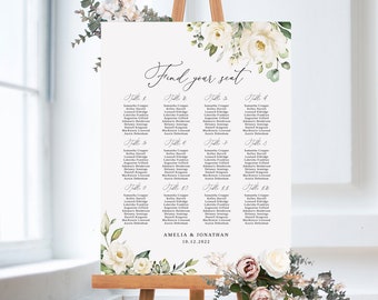 White Wedding Seating Chart Template, Floral Wedding Seating Chart, Wedding Seating Board, Seating Plan, White Flowers, Templett, #B36
