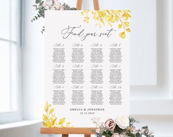 Yellow Wedding Seating Chart Template, Floral Wedding Seating Chart, Yellow Seating Chart, Seating Plan, Templett, #B154