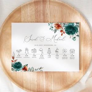 Modèle de carte de commande des événements mariage orange turquoise, calendrier de mariage orange turquoise, modèle de programme de mariage, ordre du jour, Templett, B141