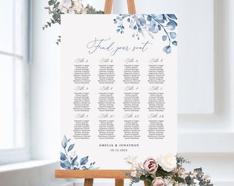Dusty Blue Wedding Seating Chart Template, Floral Wedding Seating Chart, Wedding Seating Board, Seating Plan, Templett, #B63