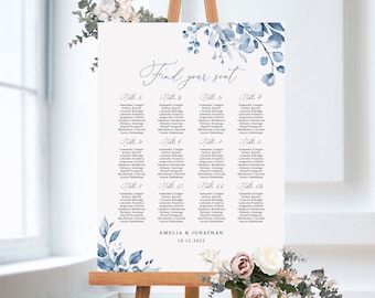 Dusty Blue Wedding Seating Chart Template, Floral Wedding Seating Chart, Wedding Seating Board, Seating Plan, Templett, #B63