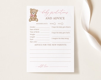 Tarjeta de consejos y predicciones para bebés, consejos y deseos para los nuevos padres, juego de baby shower para niñas, baby shower editable de ositos de peluche, B216
