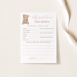 Carte de prédictions et de conseils pour bébé, conseils et souhaits pour les nouveaux parents, jeu de douche pour bébé fille, douche de bébé ours en peluche modifiable, B216