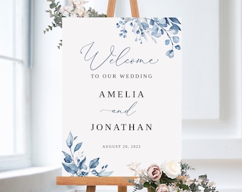 Dusty Blue Wedding Welcome Sign Template, Floral Wedding Welcome Sign, Printable Wedding Sign, Templett, #B63