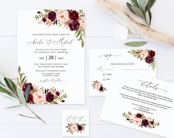 Burgundy Floral Wedding Invitation Suite, Editable Template