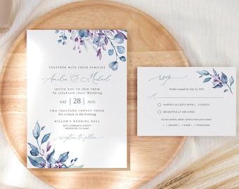 Dusty Blue and Purple Wedding Invitation Template, Purple Blue Wedding Invitation, Templett, #B157