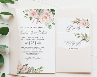 Suite de faire-part de mariage rose fard à joues, modèle de faire-part de mariage fard à joues, faire-part de mariage rose, faire-part floral, Templett, #B33