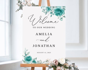 Teal Wedding Welcome Sign Template, Turquoise Wedding Welcome Sign, Floral Wedding Welcome Sign, Printable Wedding Sign, Templett, #B143