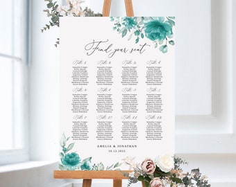 Teal Wedding Seating Chart Template, Turquoise Wedding Seating Chart, Wedding Seating Board, Seating Plan, Templett, #B143