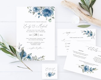Plantilla de invitación de boda azul polvoriento, invitación azul polvoriento, invitación de boda floral, Templett, #B97