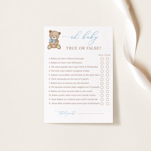 True or False Baby Shower Game, Editable Baby Shower Games, Baby Shower True or False Game, Teddy Bear Theme, B215