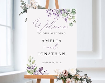 Purple and Green Wedding Welcome Sign Template, Lavender Wedding Welcome Sign, Floral Welcome Sign, Printable Wedding Sign, Templett, #B125