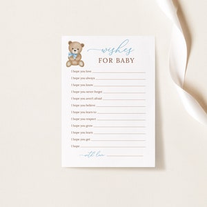 Wünsche für Baby Karte, Baby Boy Party Wünsche Karte, Teddybär-Baby-Dusche-Spiel, Wunschkartenvorlage, B215
