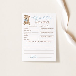 Babyvoorspellingen en advieskaart, advies en wensen voor de nieuwe ouders, babyjongendouchespel, bewerkbaar babyadvies, teddybeerdouche, B215