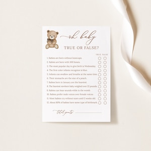 True or False Baby Shower Game, Editable Baby Shower Games, Gender Neutral Baby Shower True or False Game, Teddy Bear Theme, B212