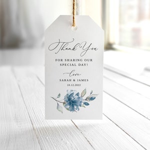 Dusty Blue Wedding Thank You Tags, Blue Wedding Favor Tags, Floral Wedding Gift Tags, Printable Thank You Tag, Templett, #B97