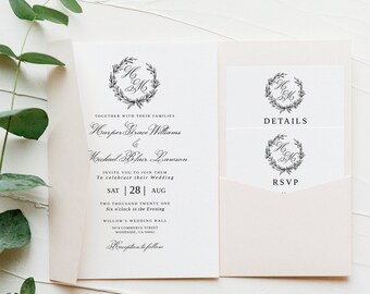 Bruiloftuitnodigingssuite met monogram, elegant minimalistisch ontwerp (Templett)