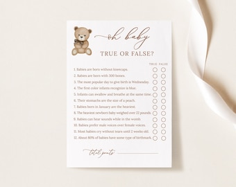 Waar of niet waar babyshowerspel, bewerkbare babyshowerspellen, genderneutraal babyshower waar of niet waar, teddybeerthema, B212