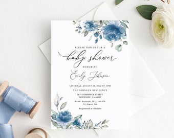 May include: A white baby shower invitation with blue watercolour flowers and the text "Please join us for a baby shower honouring Emily Johnson. Saturday, August 20, 2023 at 2 PM. The Johnson Residence, 5874 Commerce Street, Woodside, CA 94062. RSVP: Samantha 5873-746-974 by August 1st. Registered at Amazon."