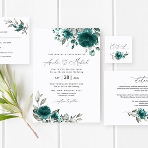 Teal Wedding Invitation Template, Teal and Gray Wedding Invitation, Editable Template, Floral Wedding Invitation, Templett, #B38
