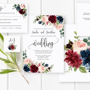 Burgundy Navy Blush Wedding Invitation Template, Marsala Wedding Invitation, Burgundy Blush Navy Wedding Invitation, Templett, #B22