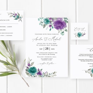 Purple and Teal Wedding Invitation Template, Teal and Lavender Wedding Invitation, Floral Wedding Invitation, Templett, #B16