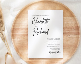 Könnte beinhalten: Eine weiße Hochzeitseinladung mit schwarzem Kalligraphietext. Die Einladung lautet "Gemeinsam mit ihren Familien, Charlotte & Richard. Wir laden Sie ein, mit ihnen ihre Hochzeit zu feiern. Samstag, der sechzehnte Juni, zweitausendzweiundzwanzig. Willow's Wedding Hall, 804 Commerce Street, Woodside, CA 94062. Empfang im Anschluss."