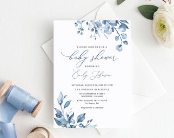 May include: A blue and white baby shower invitation featuring watercolour floral designs. The invitation reads "Please join us for a baby shower honouring Emily Johnson" and includes the date, time, location, and RSVP information.