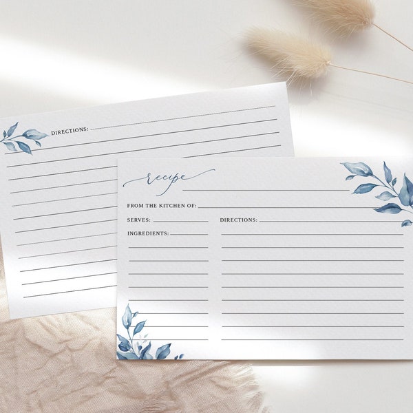 Cartes de recettes pour shower de mariage bleu poussiéreux, modèle de recette, insert de douche nuptiale, recette recto-verso, insert de douche nuptiale, Templett, #B63