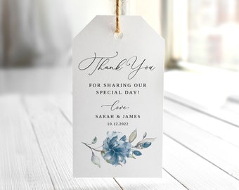 Etiquetas de agradecimiento de boda azul polvoriento, etiquetas de favor de boda azul, etiquetas de regalo de boda florales, etiqueta de agradecimiento imprimible, Templett, #B97
