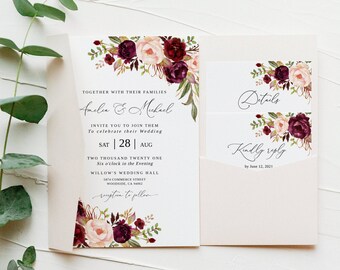 Burgundy Wedding Invitation Template, Marsala Wedding Invitation Suite, Wine Wedding Invitation, Editable Invitation, Templett, #B82