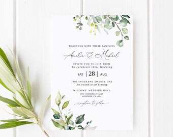 May include: A wedding invitation with the names Amelia & Michael in elegant script, decorated with watercolour eucalyptus and greenery. The date is 28 August 2021, at six o'clock in the evening. A sprig of greenery is placed beside the invitation.