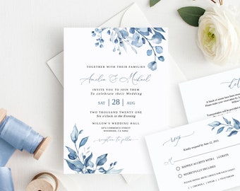 Dusty Blue Wedding Invitation Template, Blue Wedding Invitation, Editable Template,Blue Floral Wedding Invitation, Templett, #B63