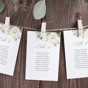 Bruiloft zitplaatsen grafiek kaarten, hangende stoel grafiek sjabloon, bloemen bruiloft zitplaatsen plan, bruiloft zitplaatsen Board, witte bloemen, Templett, #B36