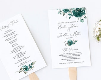 Teal Baby's Breath Wedding Fan Program Template, Turquoise Wedding Program, Fan Wedding Program Printable, Templett, #B164