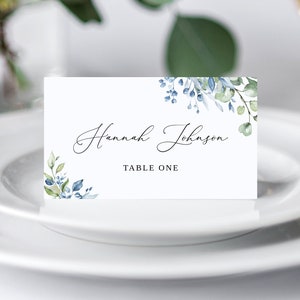 Staubige blaue und grüne Tischkarte für die Hochzeit, Blaue Tischkarte, Sitzplatzkarte, Hochzeitskarte, Namenskarte, Templett, #B163