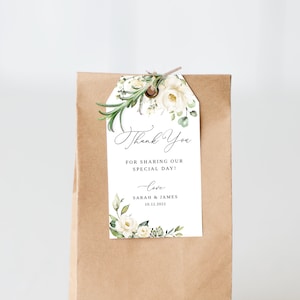 Bedankt Tags sjabloon, bloemen bruiloft gunst Tags, bruiloft cadeau Tags, afdrukbare Bedankt Tags, witte bloemen, Templett, #B36