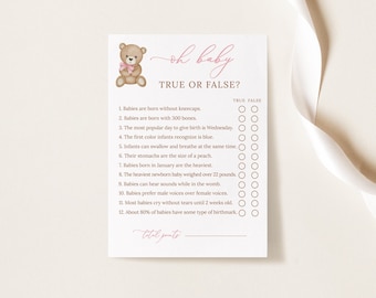 True or False Baby Shower Game, Editable Baby Shower Games, Baby Shower True or False Game, Teddy Bear Theme, B216