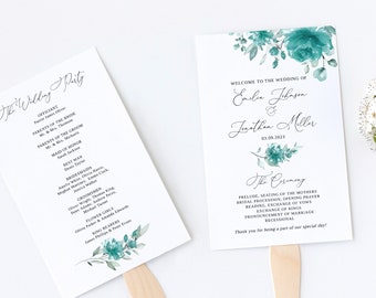 Teal Wedding Fan Program Template, Turquoise Wedding Program, Fan Wedding Program Printable, Templett, #B143