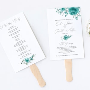 Teal Wedding Fan Program Template, Turquoise Wedding Program, Fan Wedding Program Printable, Templett, #B143